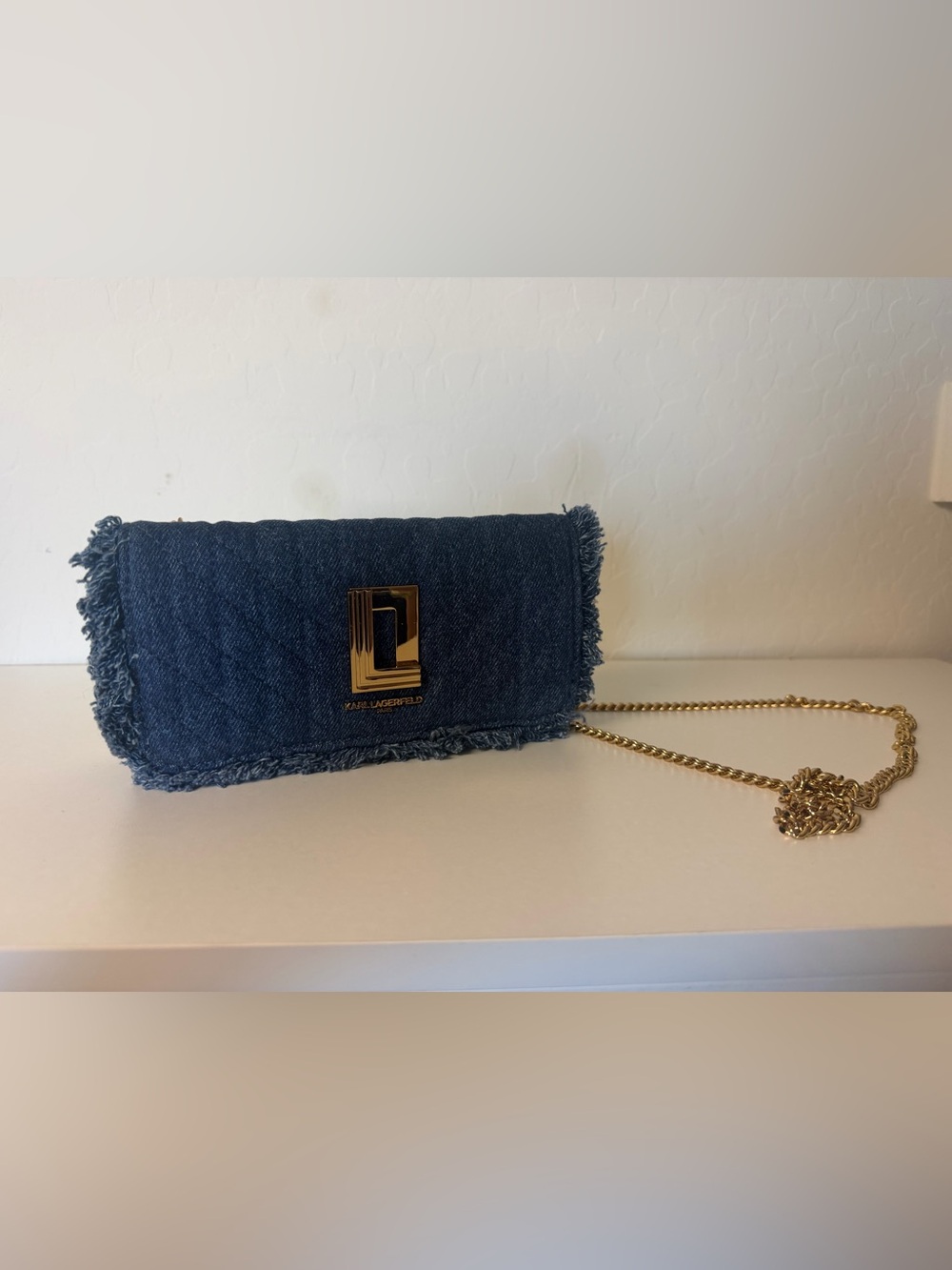 Karl Lagerfeld Dark Blue Denim Fringe Clutch with Gold Chain